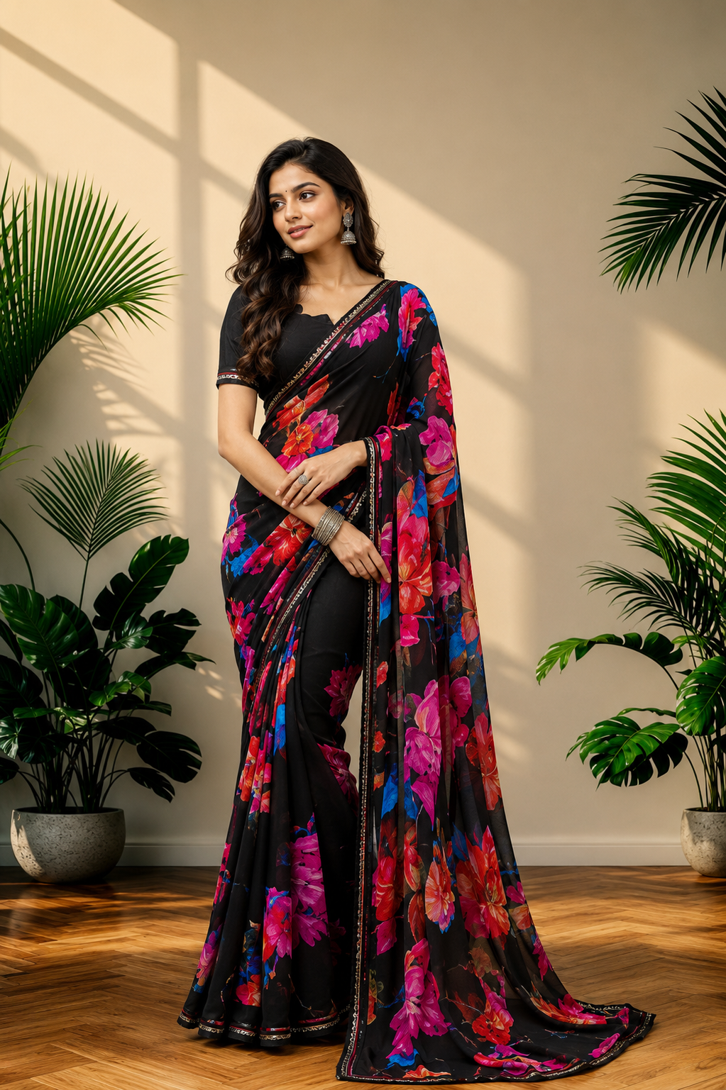 Elegant  Printed Georgette Saree with Designer Border