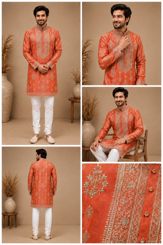 Rust Orange Embroidered Festive Kurta for Men