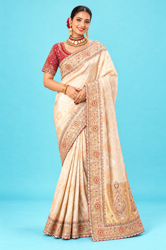 Royal Ivory Cream Designer Saree with Heavy Golden Embroidered Border & Rich Pallu