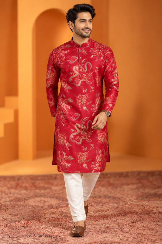 Men's Royal Red Printed Kurta