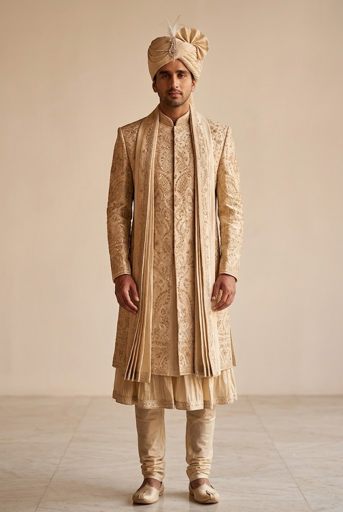 Royal Ivory Embroidered Groom Sherwani Set