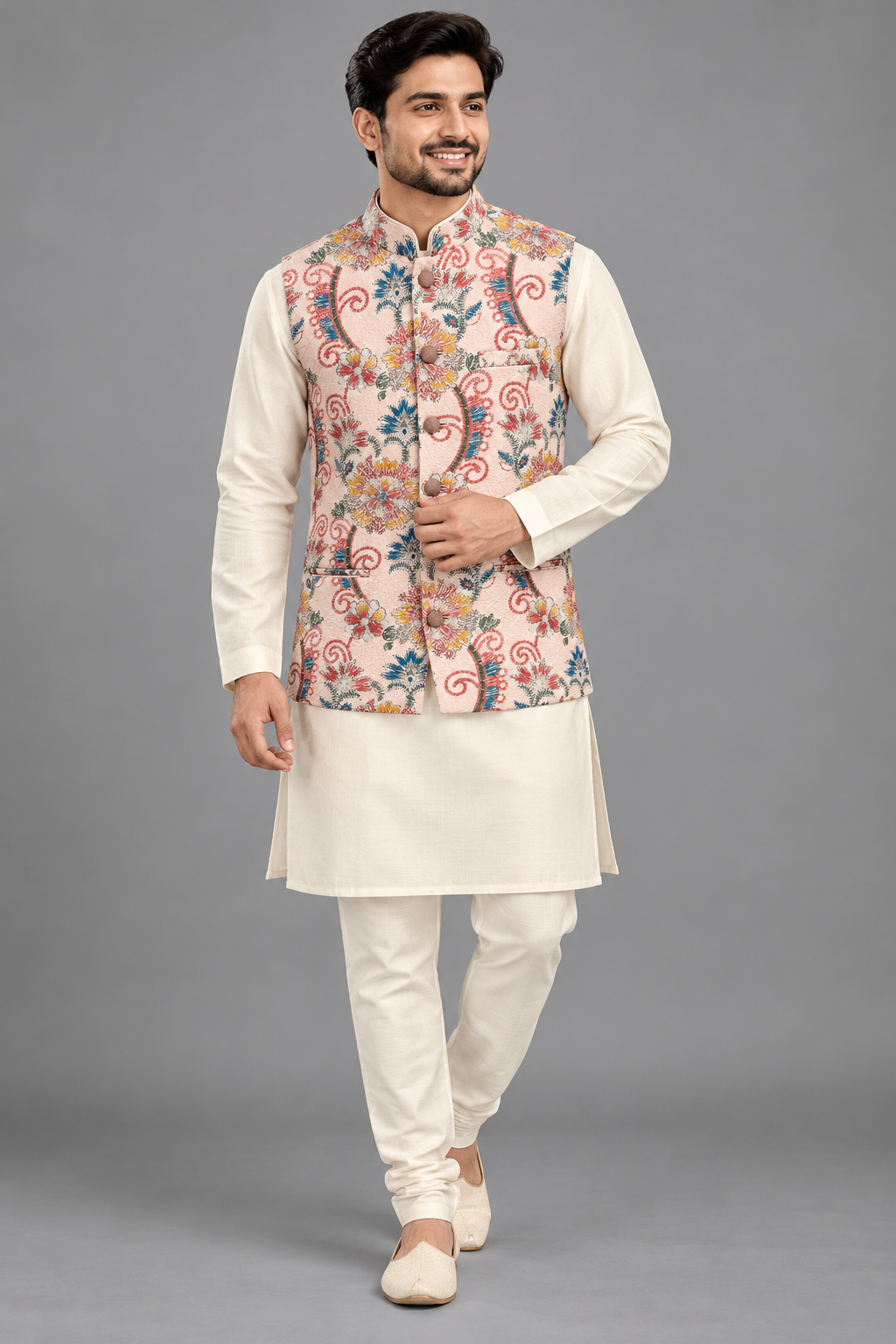 Peach Multicolour Floral Printed Modi Jacket