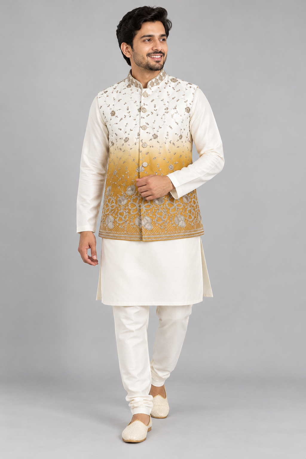 Premium Ivory & Mustard Gold Floral Embroidered Modi Jacket