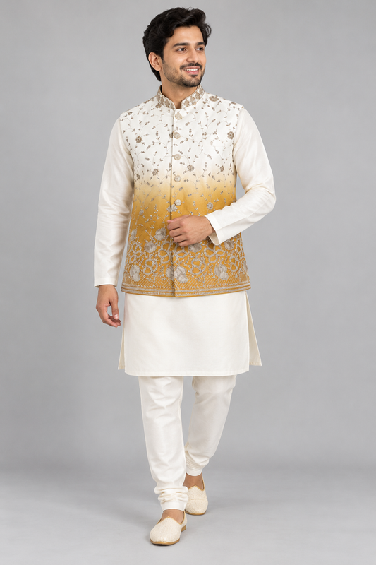 Premium Ivory & Mustard Gold Floral Embroidered Modi Jacket