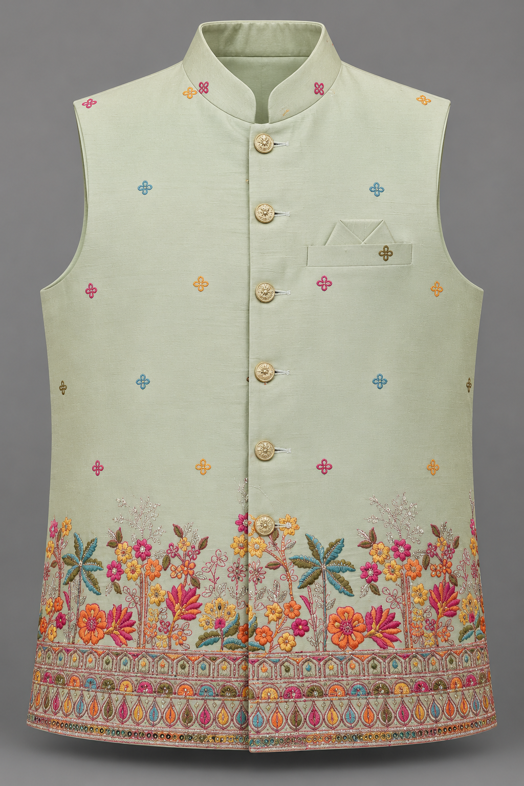 Pastel Sage Green Floral Embroidered Modi Jacket