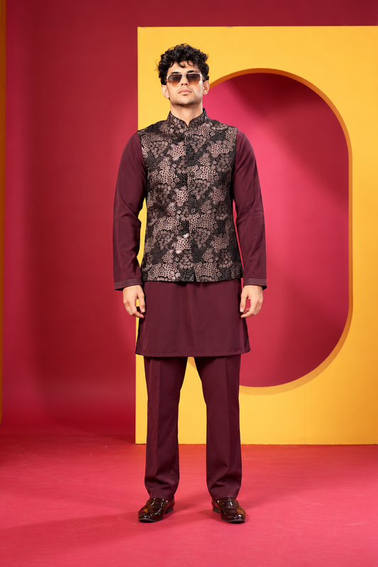 Men's Premium Maroon Kurta Pant Set with Floral Printed Nehru Jacket