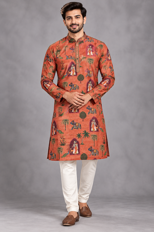 Men's Rust Orange Rajasthani Heritage Printed Kurta