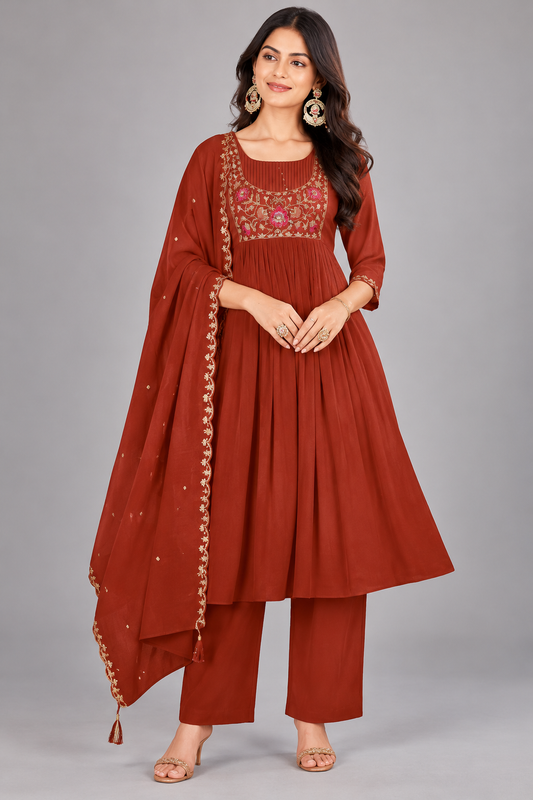 Women's Rust Red Embroidered Anarkali Kurta Set with Dupatta