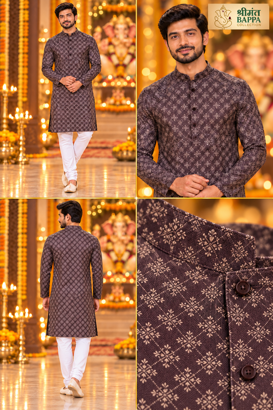 Men's Dark Brown Printed Long Sleeve Kurta