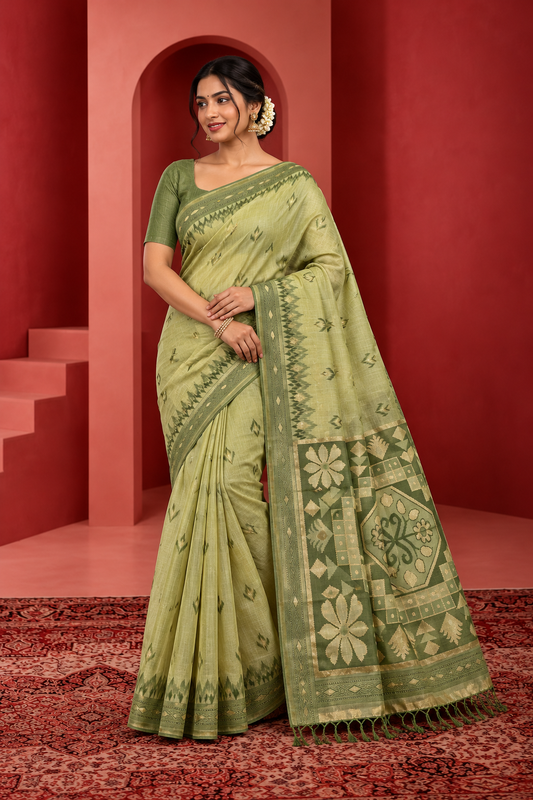 Elegant Pista Green Woven Saree with Traditional Floral Pallu