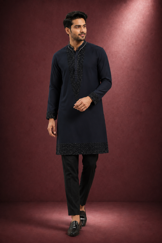 Midnight Black Sequin Detail Festive Kurta