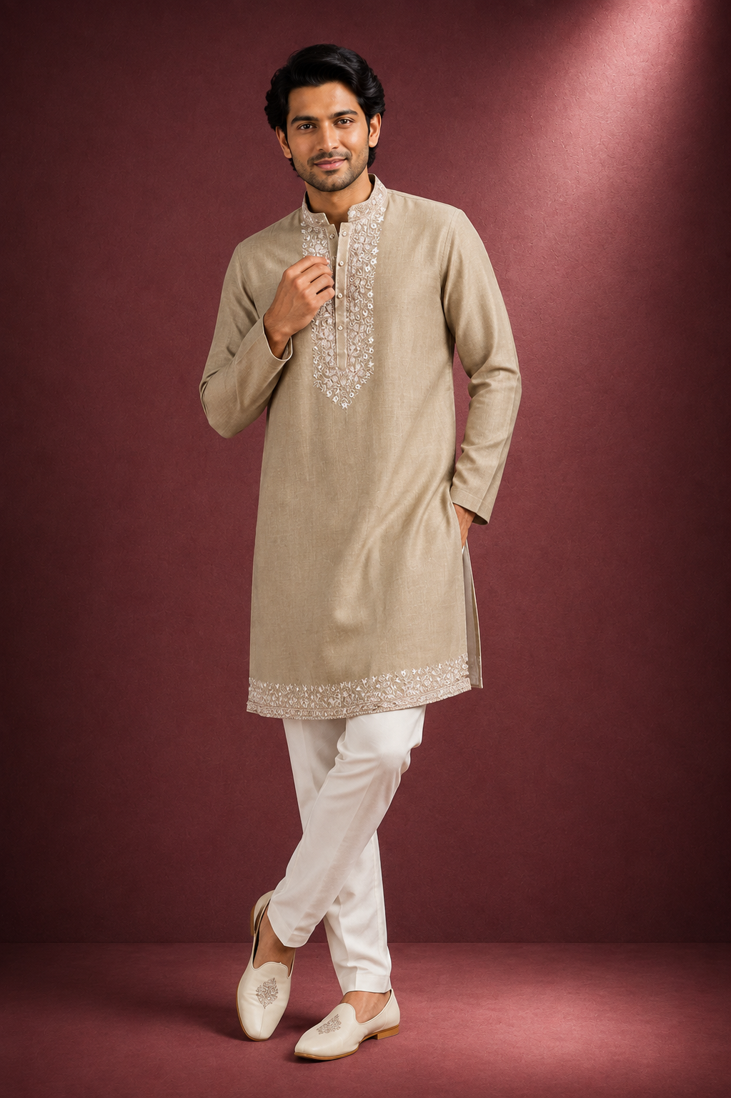 Beige Embroidered Festive Kurta Set for Men