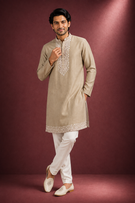 Beige Embroidered Festive Kurta Set for Men