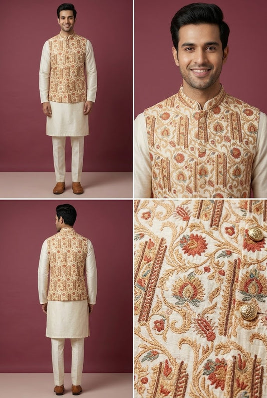 Beige Floral Brocade Nehru Jacket