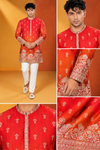 Men's Royal Orange Red Embroidered Festive Kurta Set