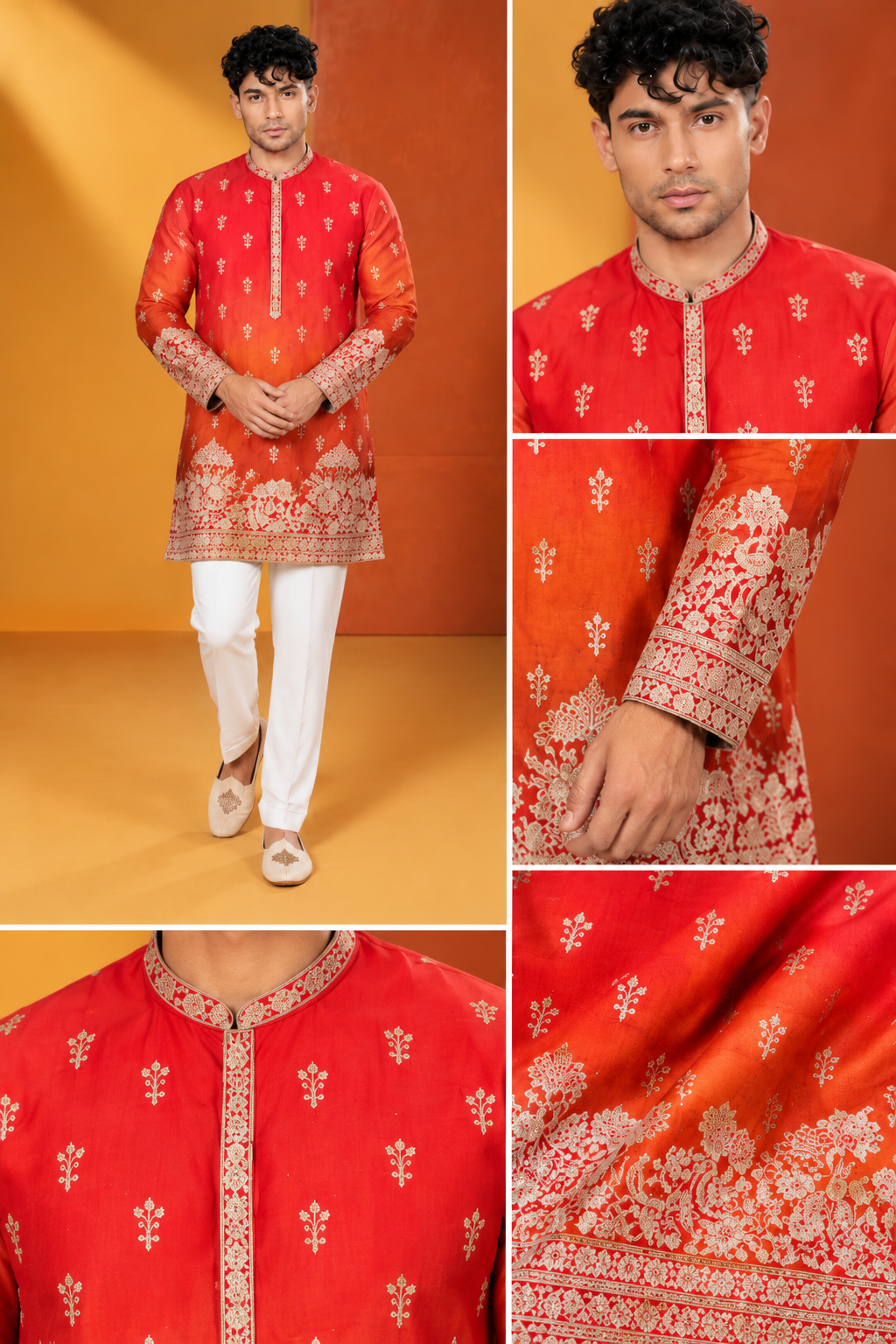 Men's Royal Orange Red Embroidered Festive Kurta Set