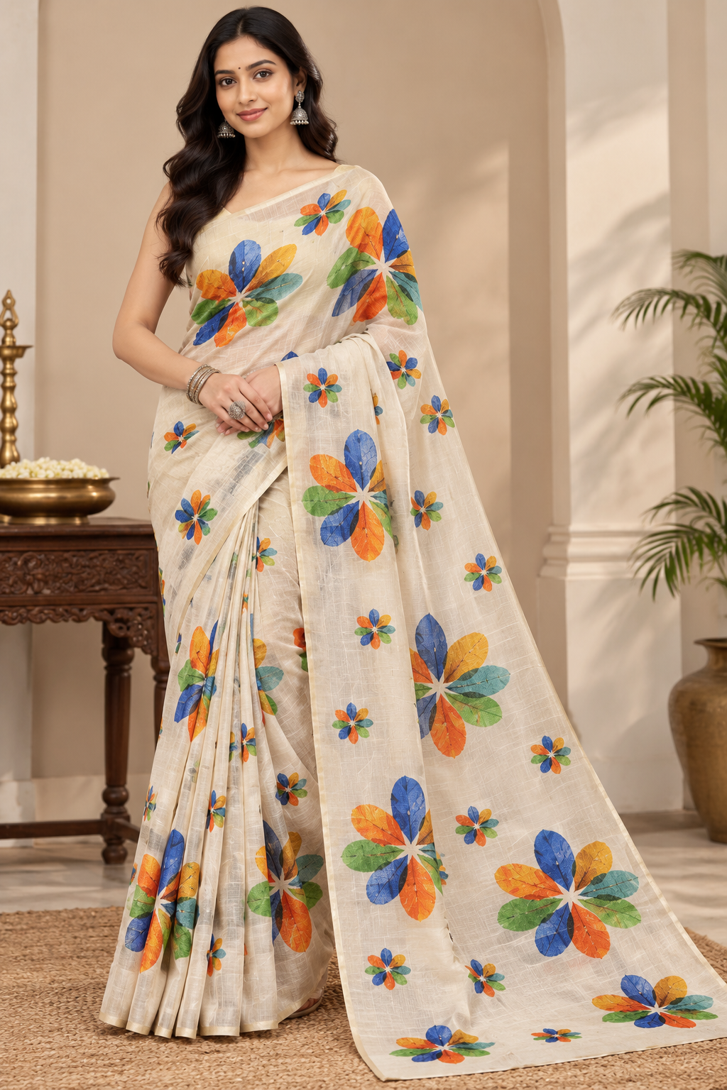 Ivory Multicolor Floral Print Saree