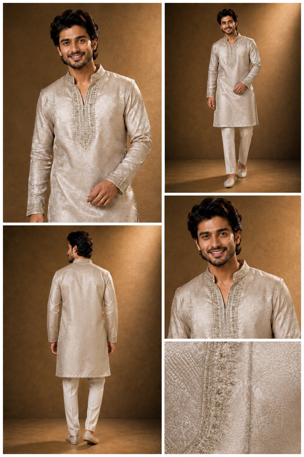 Ivory Gold Embroidered Jacquard Kurta Se