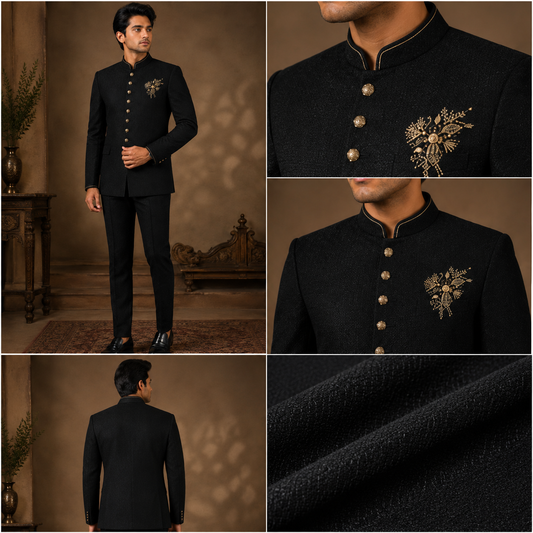 Classic Black Embroidered Jodhpuri Bandhgala Suit