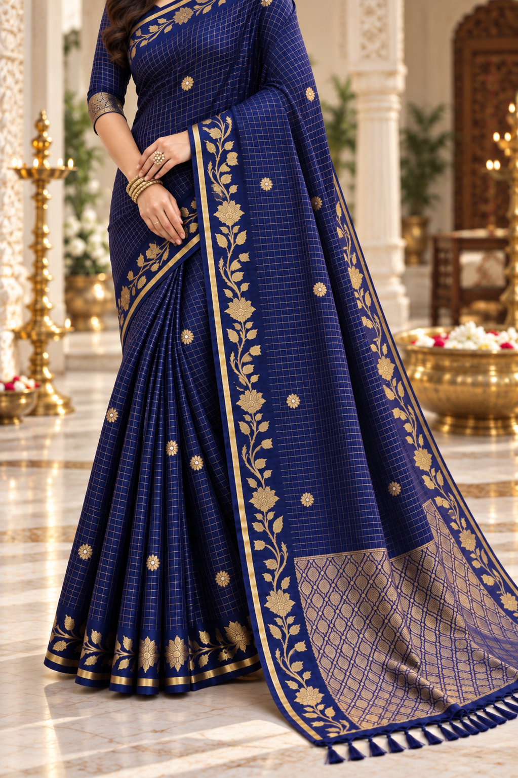 Royal Blue Zari Floral Saree