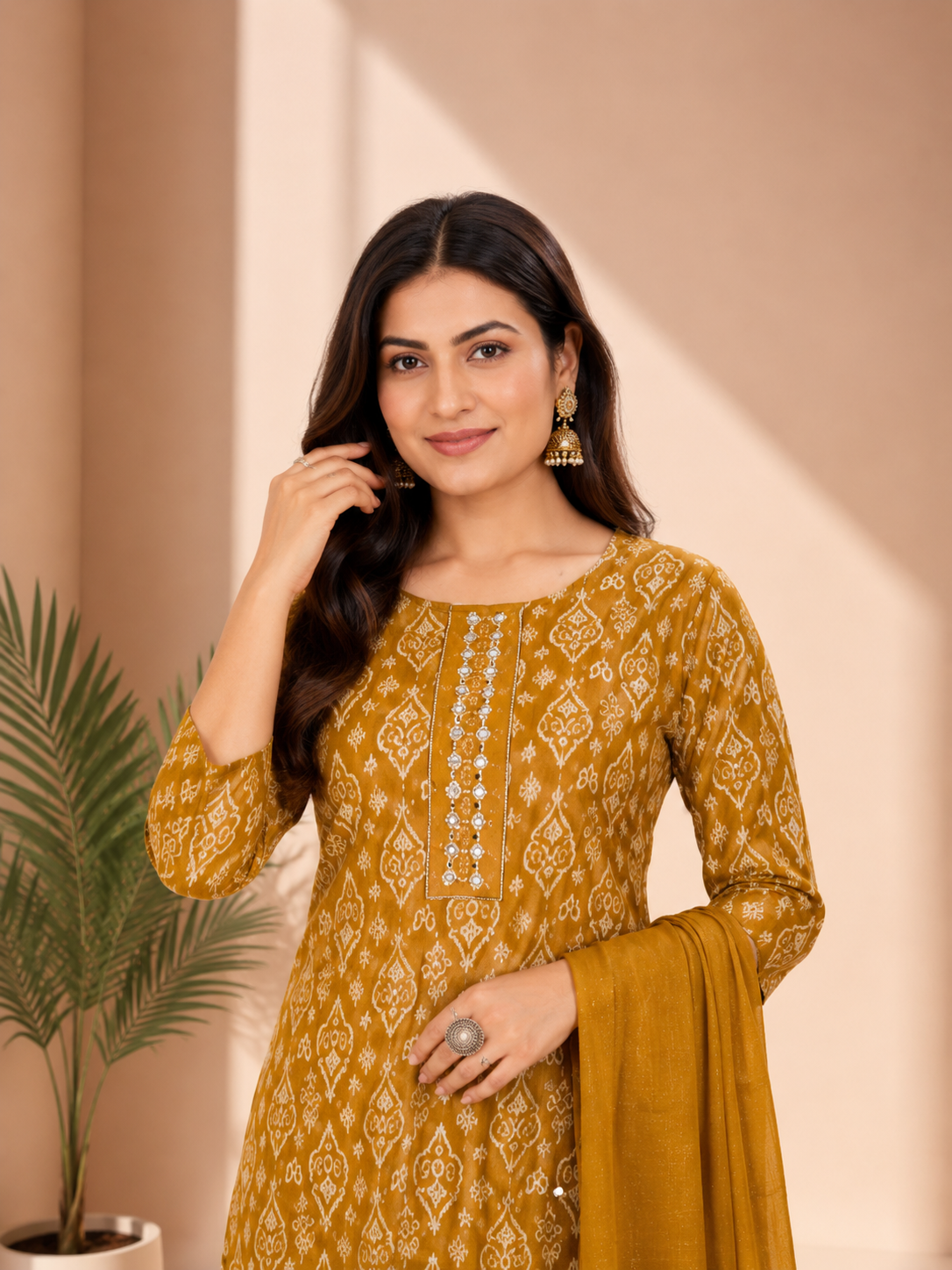 Mustard Yellow Printed Kurti Pant & Dupatta Set