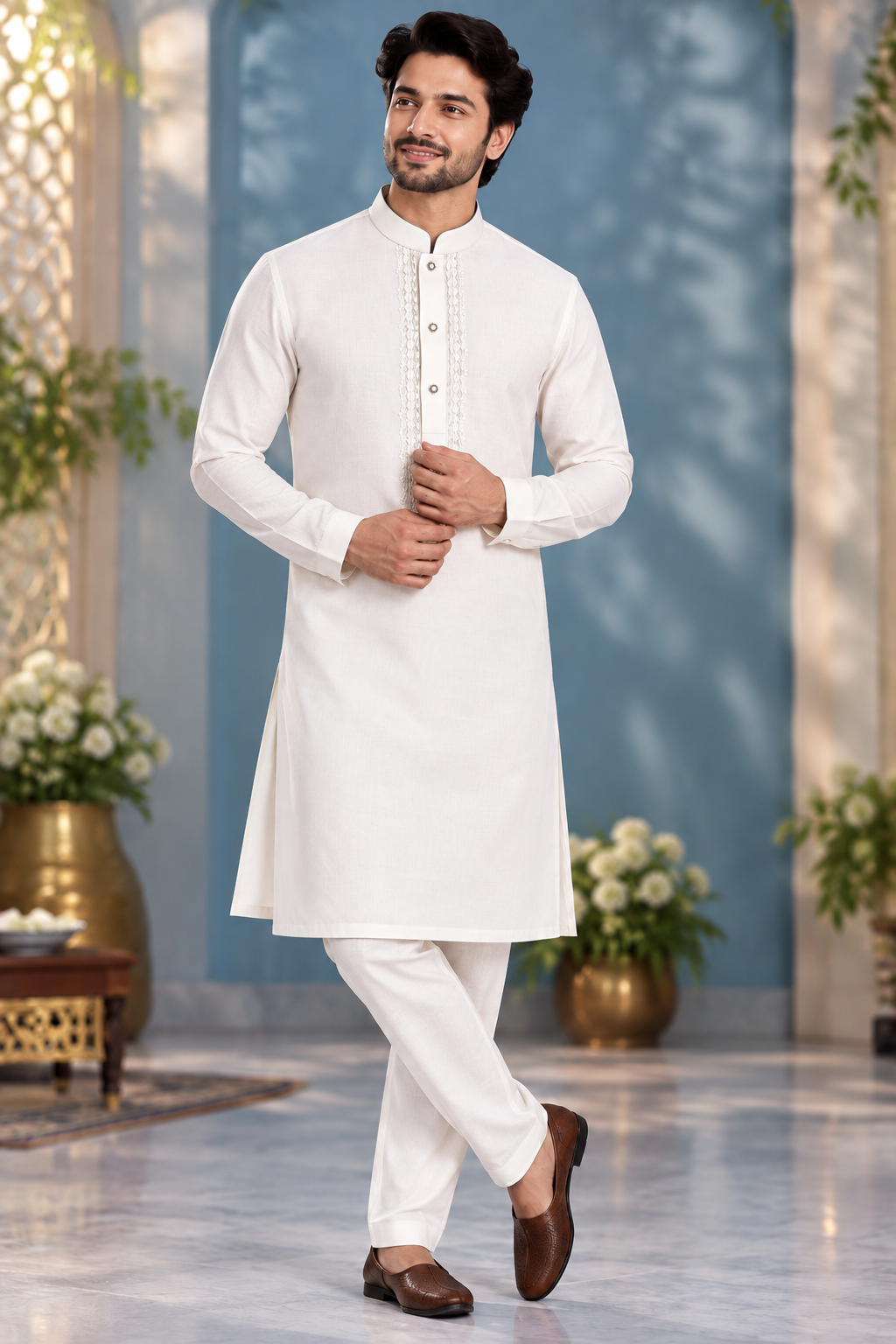 Ivory Embroidered Mandarin kurta