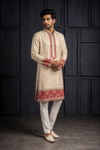 Beige Kurta Set with Red Floral Embroidered Border for Men