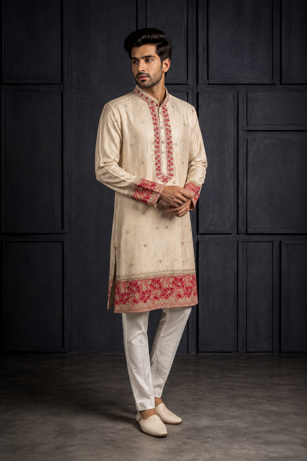 Beige Kurta Set with Red Floral Embroidered Border for Men