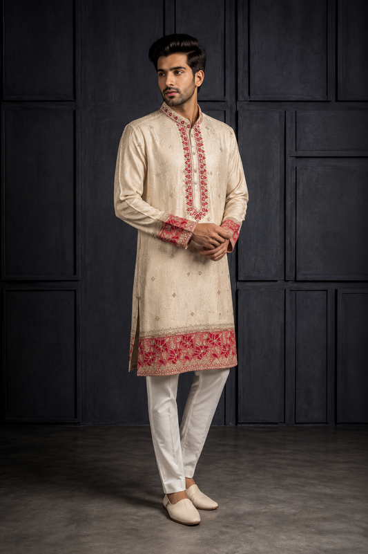 Beige Kurta Set with Red Floral Embroidered Border for Men
