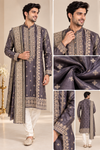 Men’s Charcoal Grey Embroidered Kurta with Dupatta Set