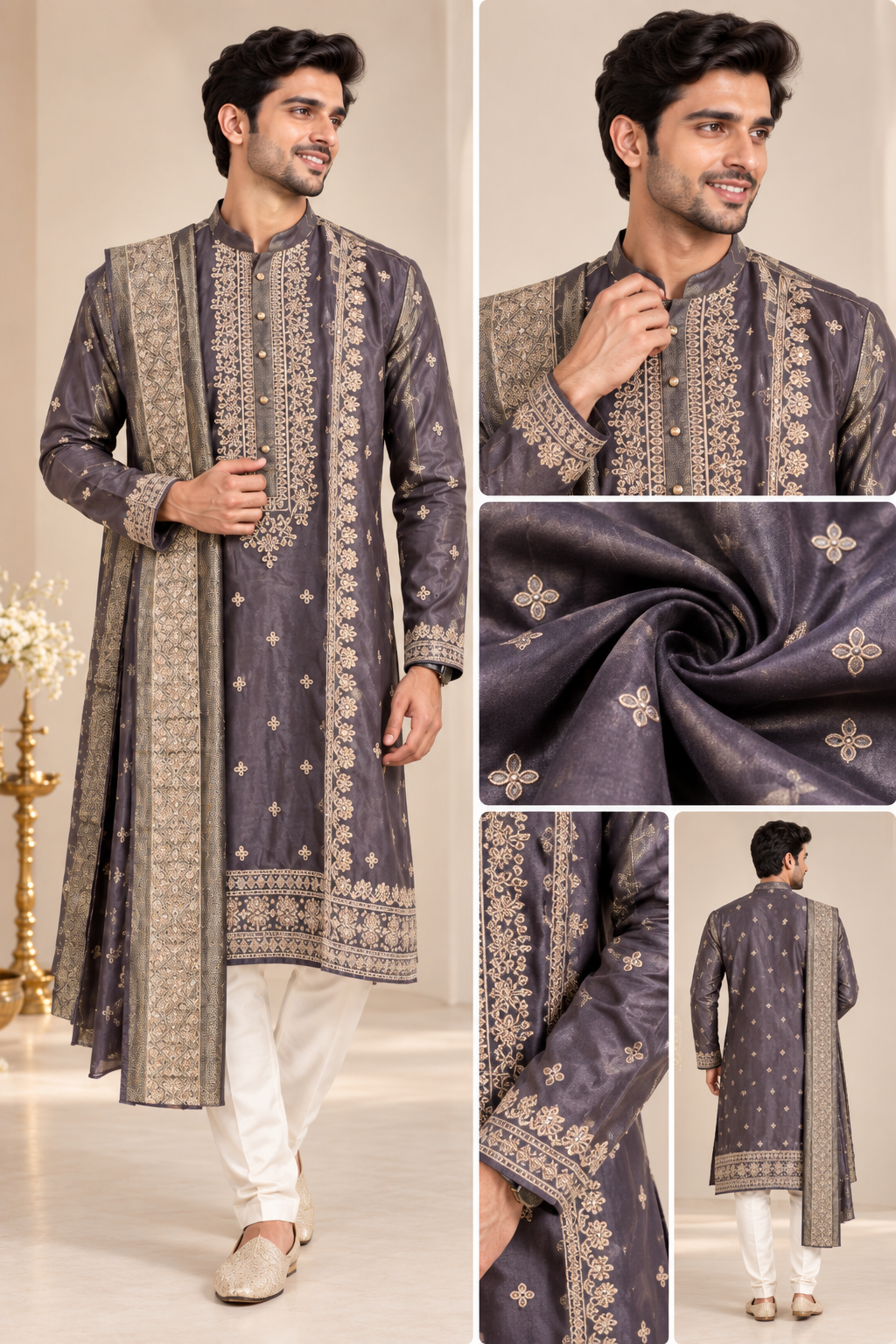 Men’s Charcoal Grey Embroidered Kurta with Dupatta Set