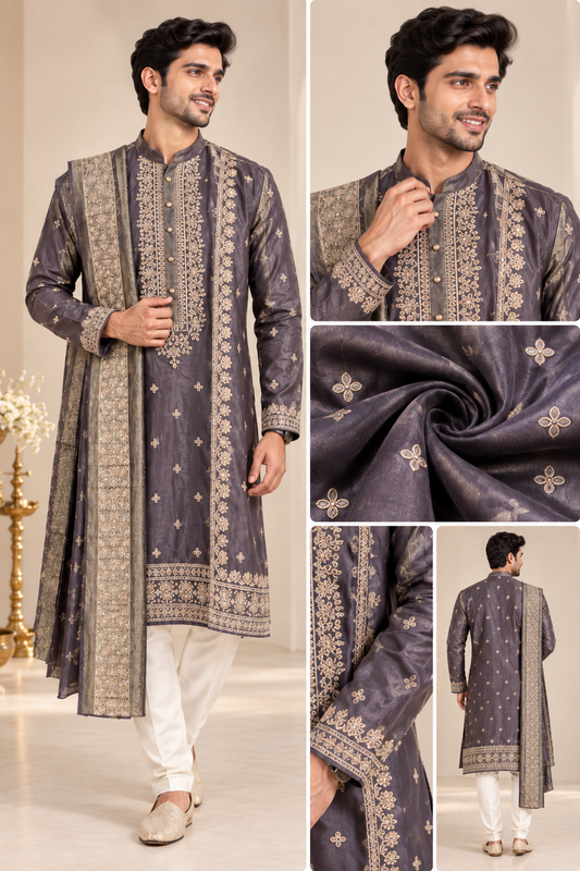 Men’s Charcoal Grey Embroidered Kurta with Dupatta Set