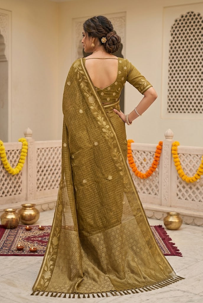 Olive Gold Woven Silk Saree with Floral Zari Border