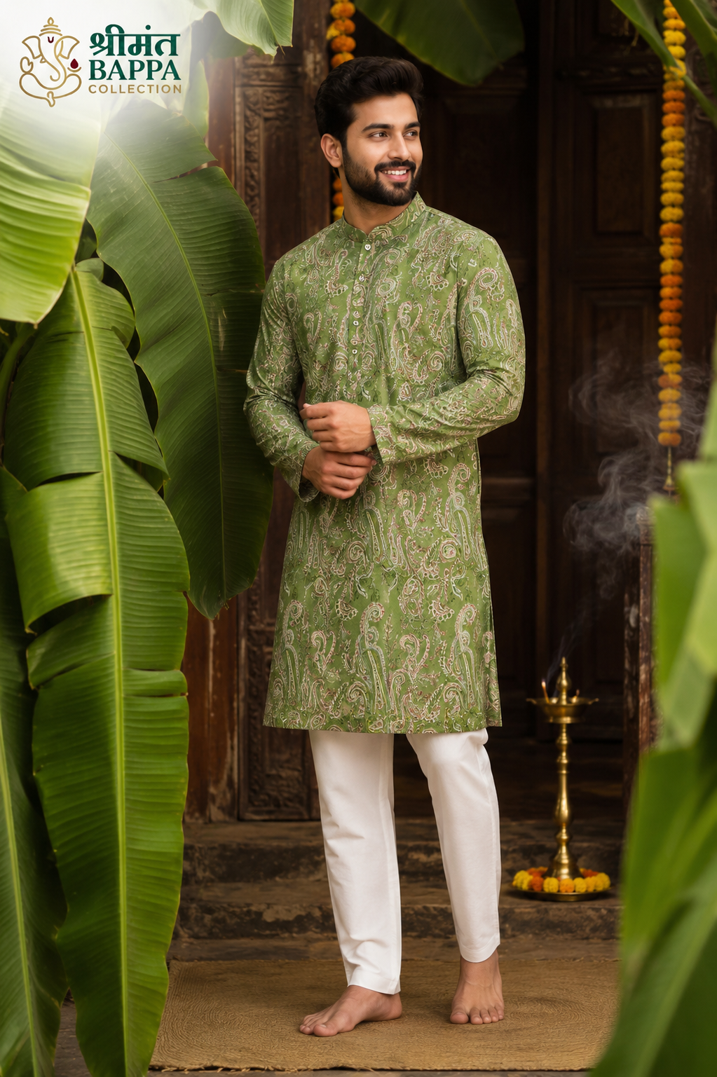 Olive Green Paisley Print Festive Kurta Set