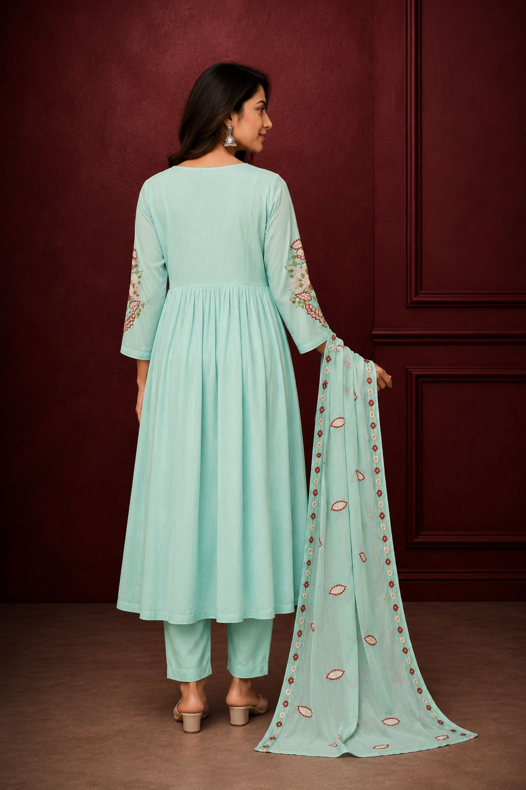 Embroidered Kurti, Bottom & Dupatta Set