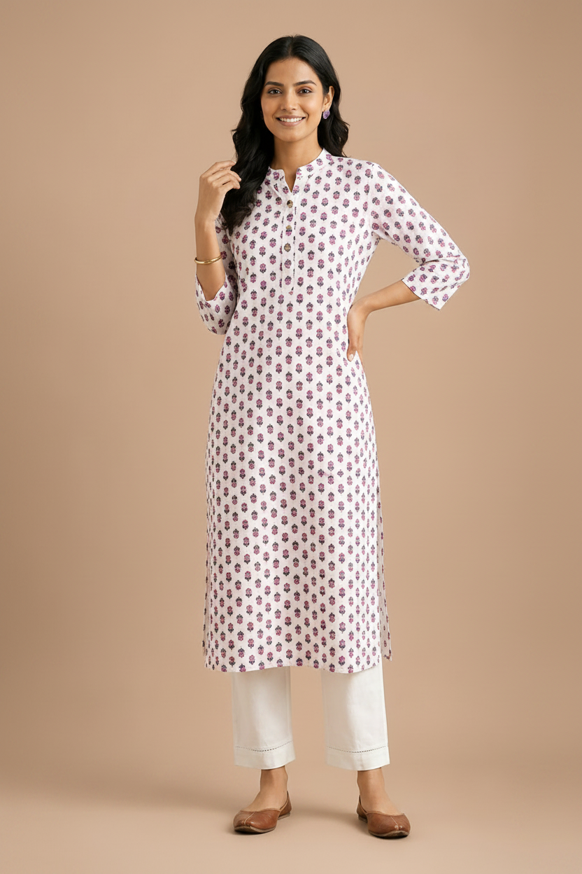 Women’s White & Purple Floral Printed Straight Kurta with Pant