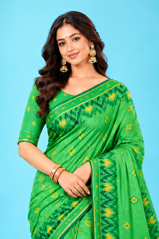 Elegant Green Ikat Printed Saree with Traditional Woven Border