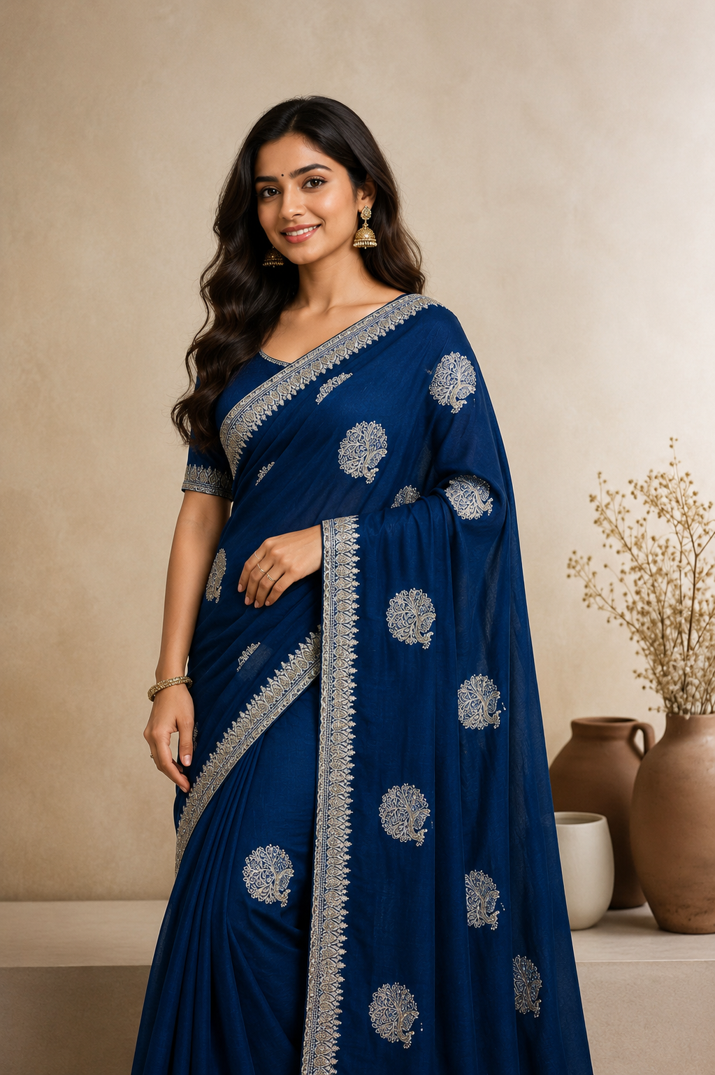 Elegant  Embroidered Saree with Silver Zari Border