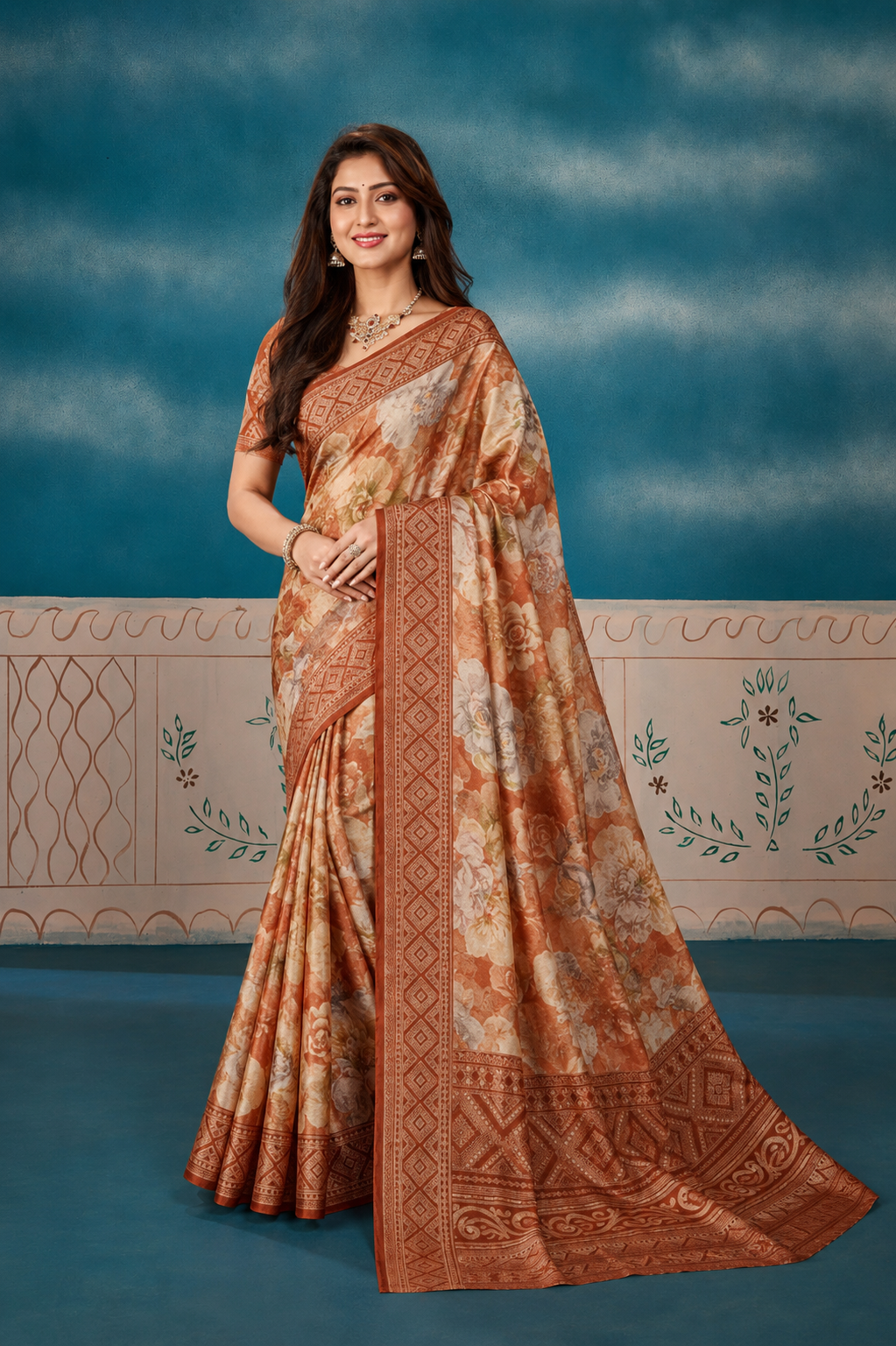 Elegant Floral Printed Saree with Designer Woven Border