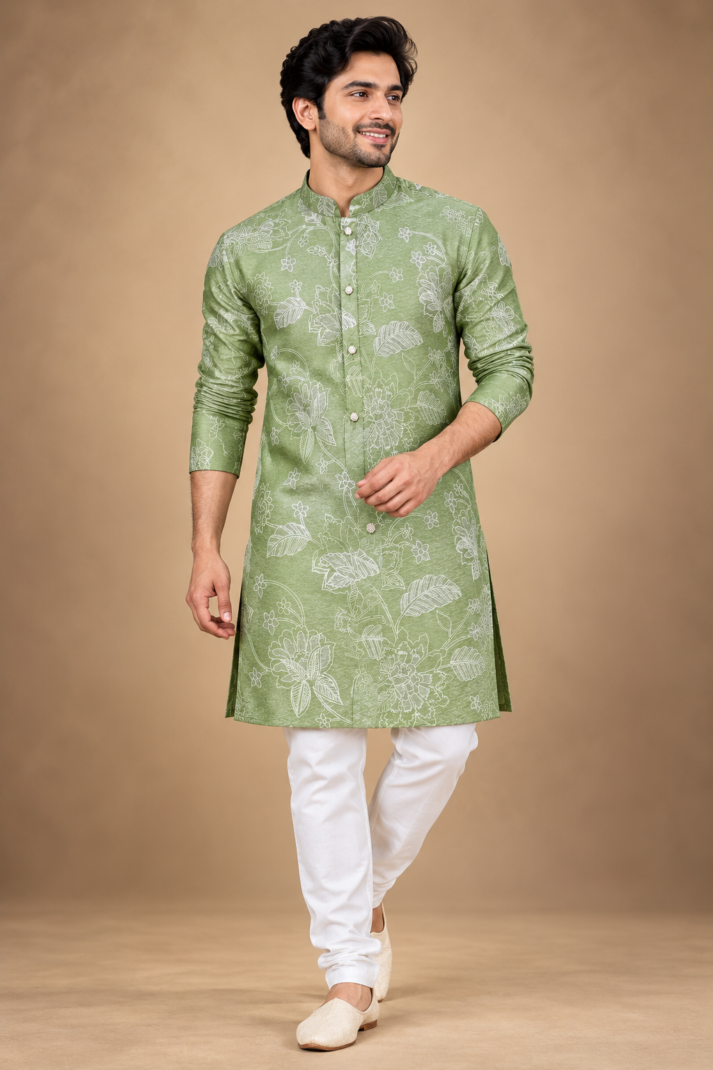 Sage Green Floral Printed Men’s Kurta
