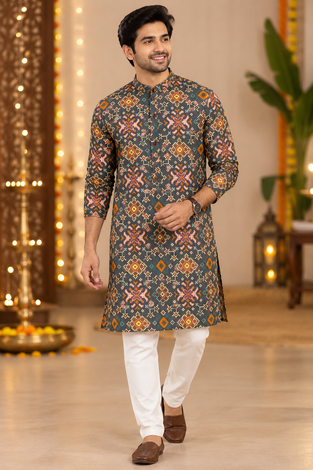 Charcoal Multicolor Geometric Print Festive Kurta