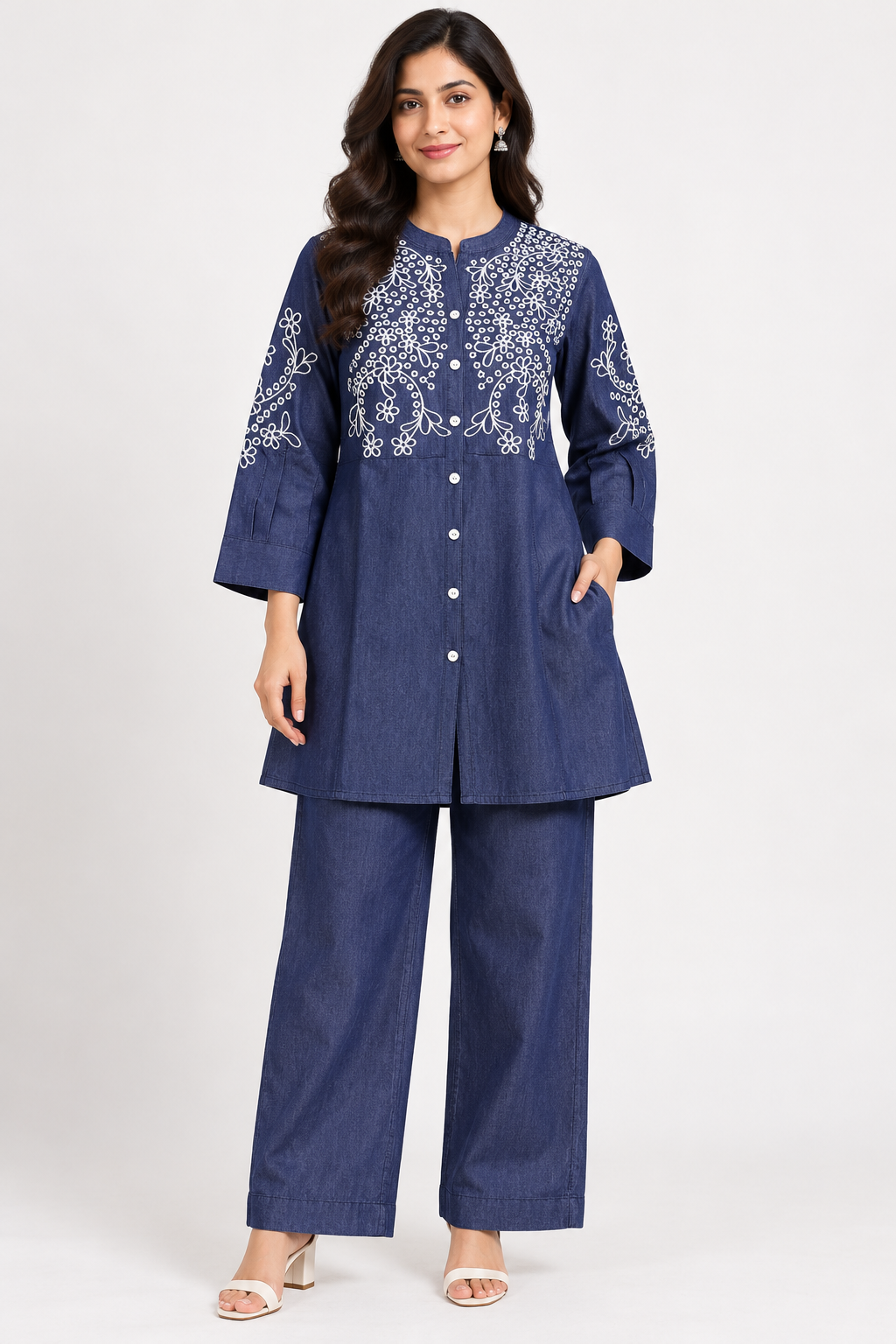 Women's Navy Blue White Floral Embroidered Denim Co-Ord Set