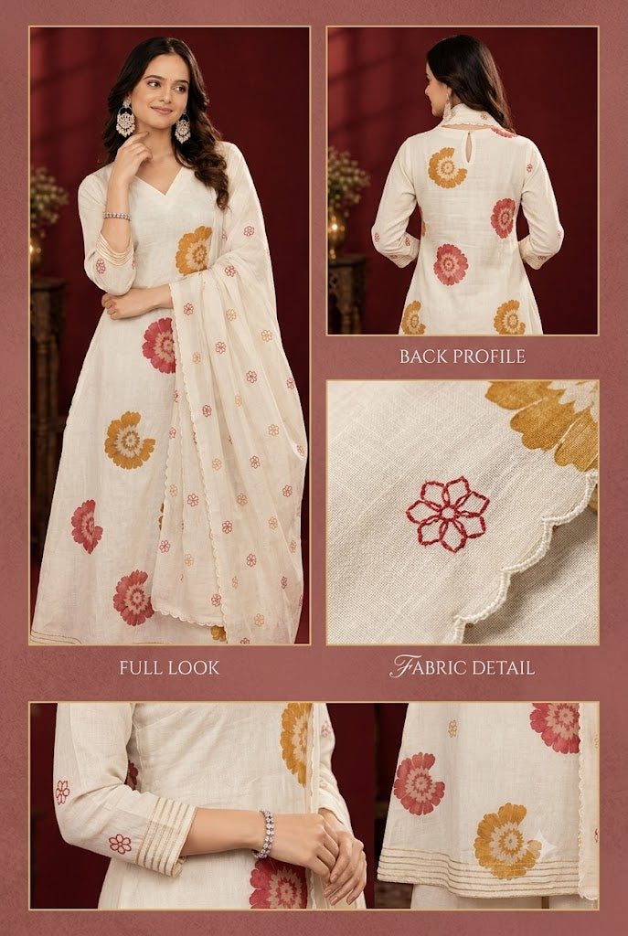 Ivory Floral Print Kurta Set with Dupatta
