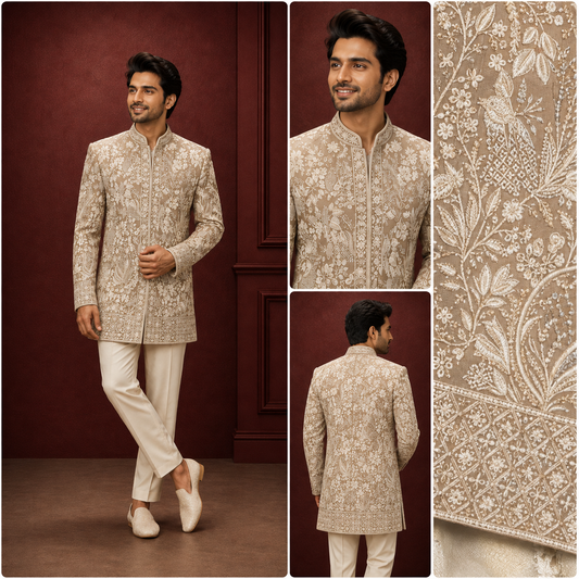 Beige Floral Embroidered Indo-Western Sherwani