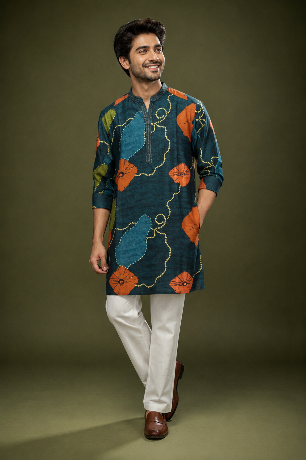 Teal Blue Abstract Printed Men’s Kurta