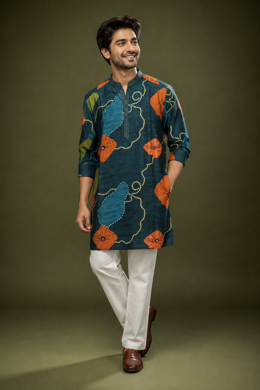 Teal Blue Abstract Printed Men’s Kurta