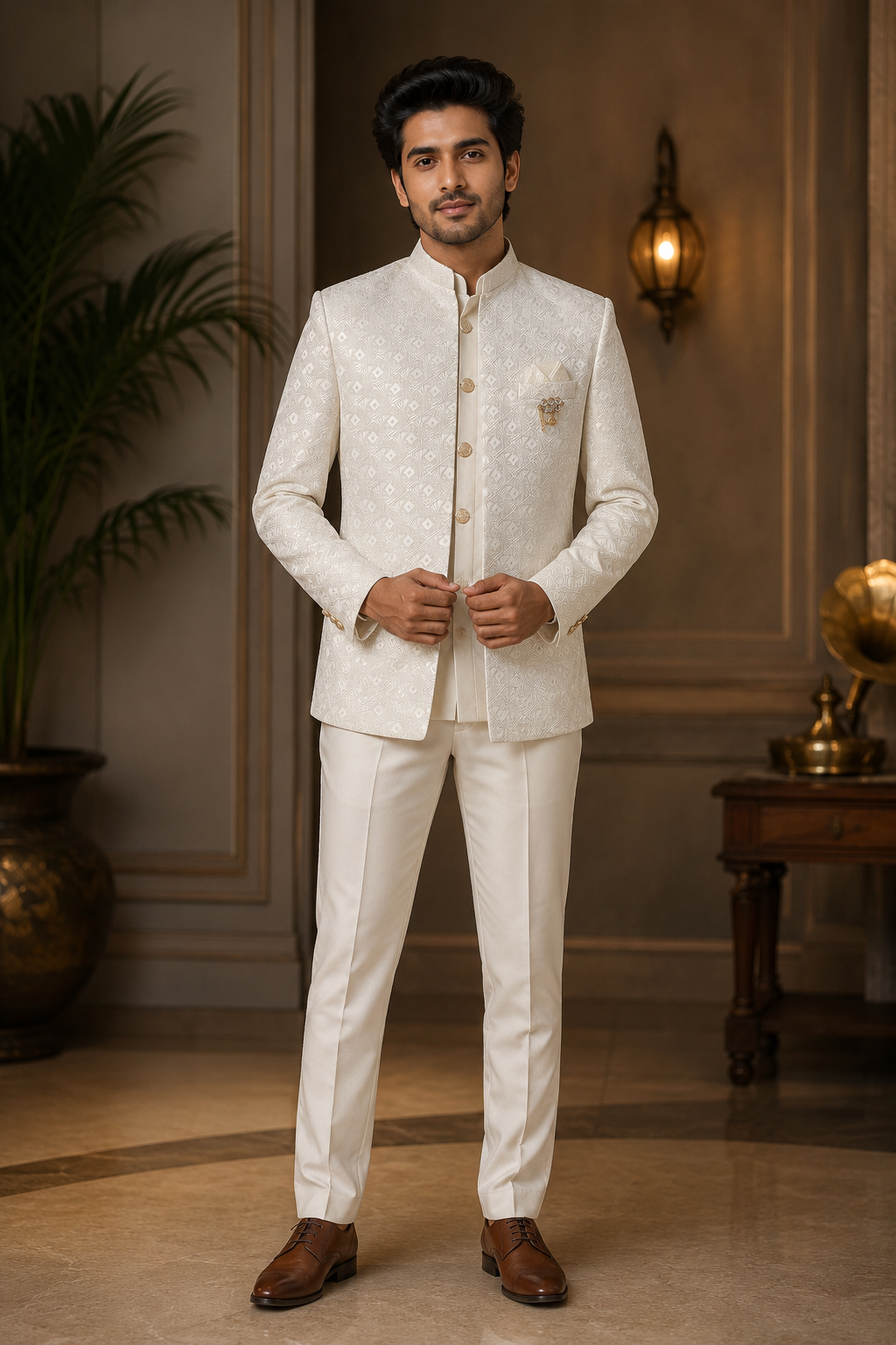 Men's Premium Ivory Jacquard Jodhpuri Suit with Jacket