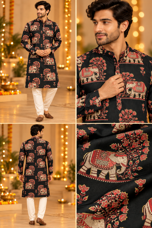 Title: Black Elephant Print Festive Kurta Only