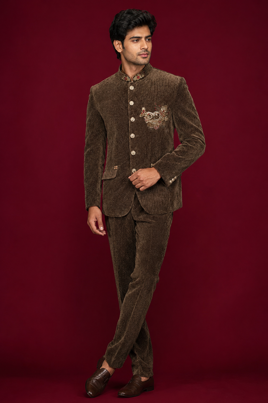 Coffee Brown Embroidered Jodhpuri Suit
