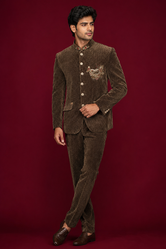 Coffee Brown Embroidered Jodhpuri Suit